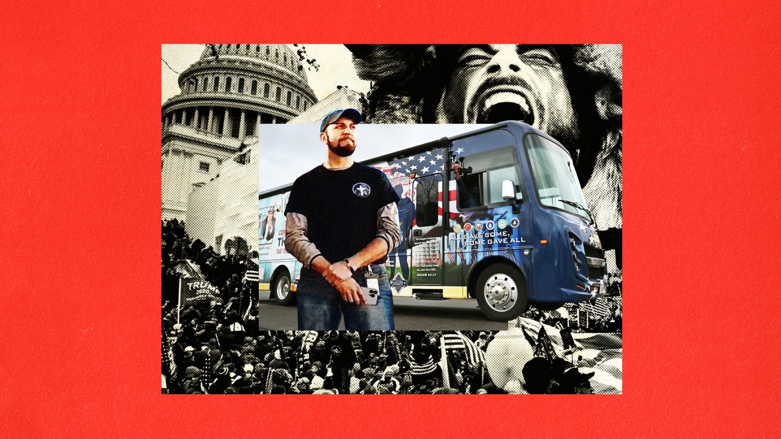  A photo illustration of Joshua Macias in front of a bus emblazoned in an American flag from a Take Back our Border rally. Behind them are black and white pictures from the January 6 insurrection.