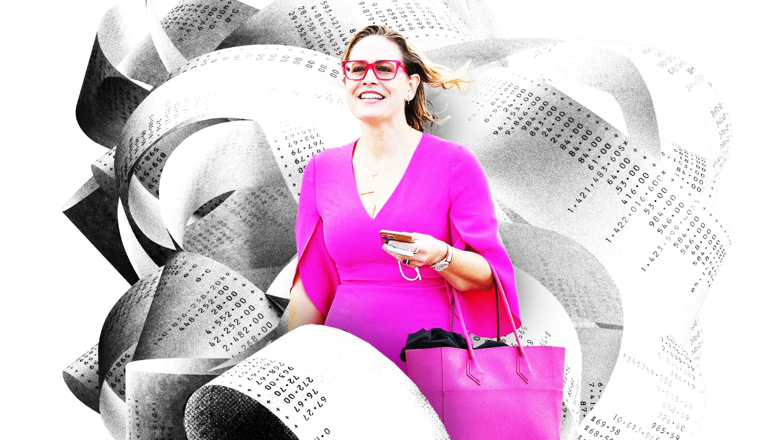 A photo illustration of Kyrsten Sinema in a big pile of receipts