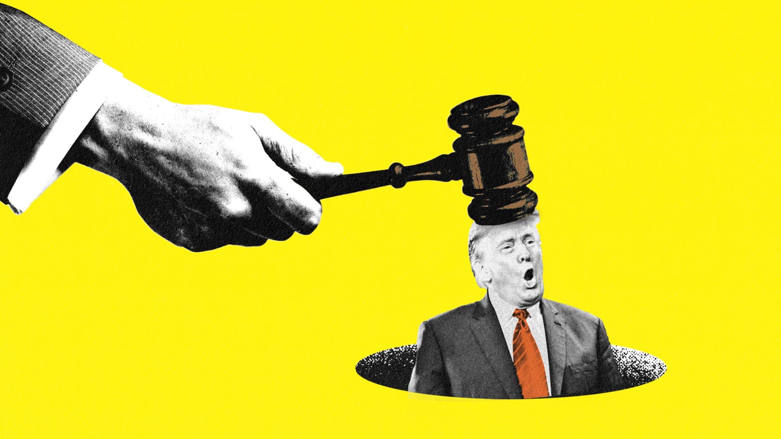 A photo illustration of a gavel coming down on Donald Trump’s surprised head
