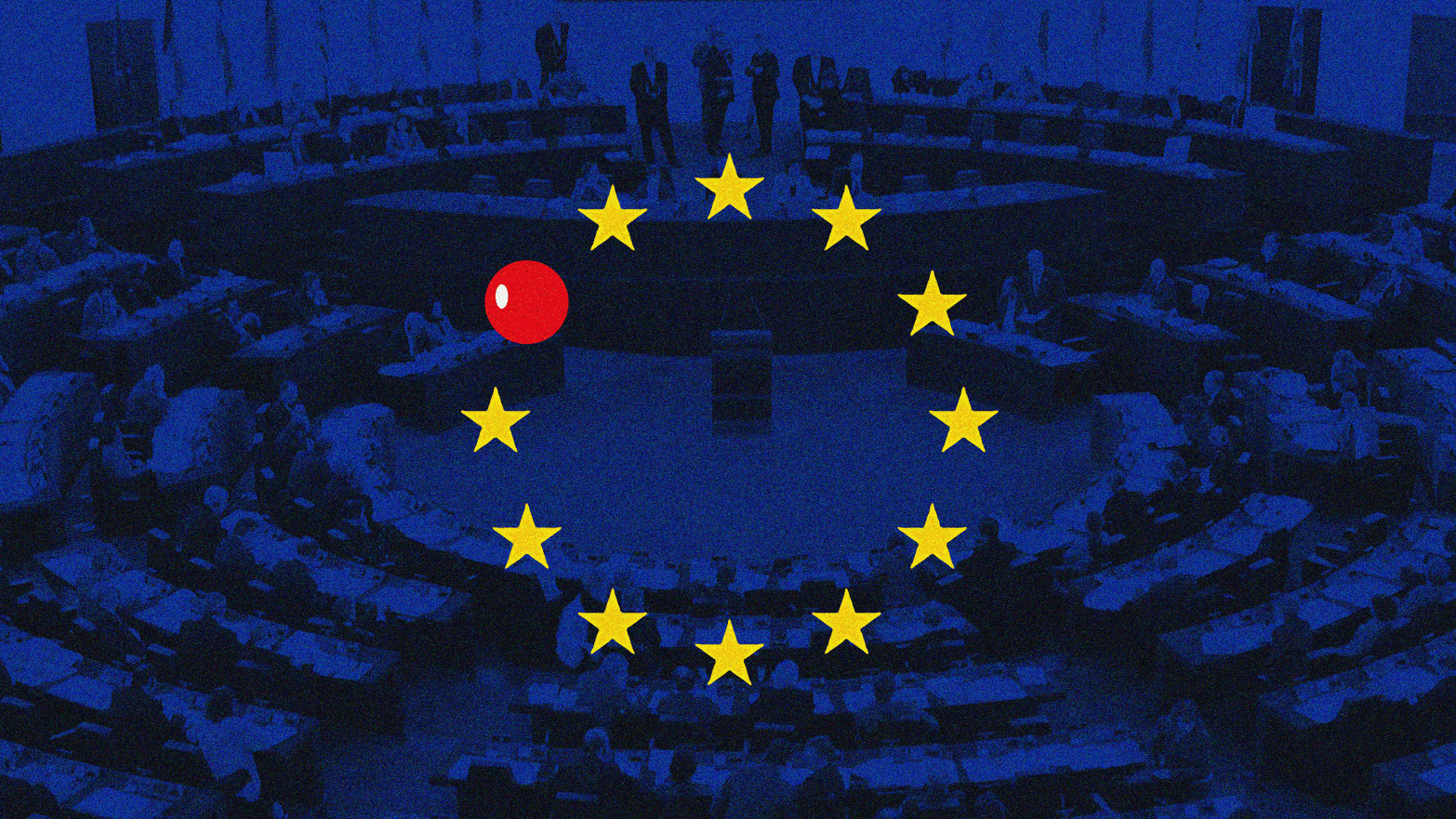 An image of the European Union flag with a red spy blinking light over an image of the European Parliament.