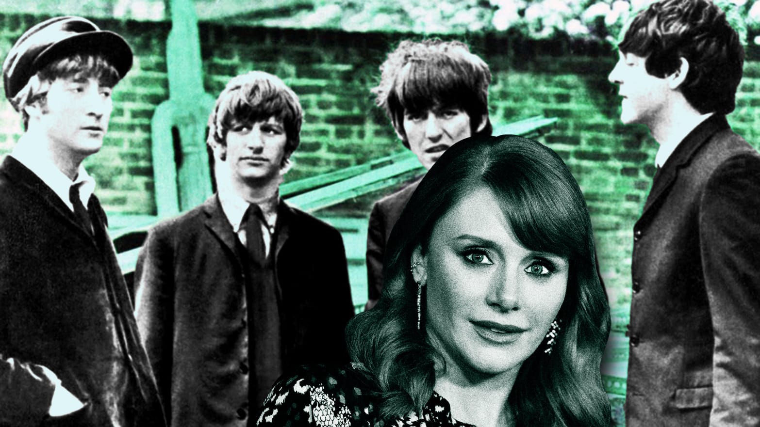 An illustration including photos of The Beatles and Bryce Dallas Howard