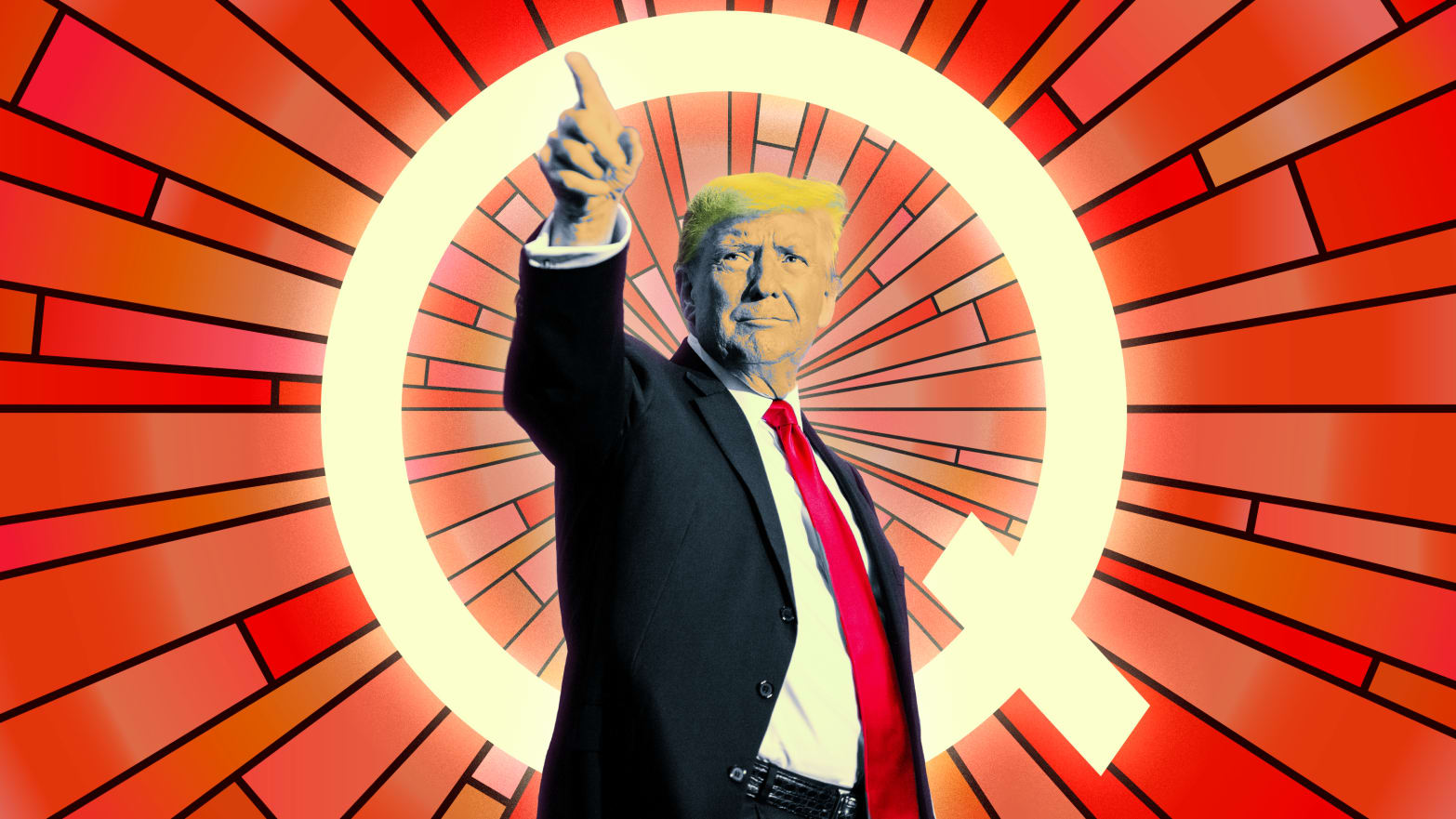 A photo illustration of former President Donald Trump and stained glass Qanon symbol.