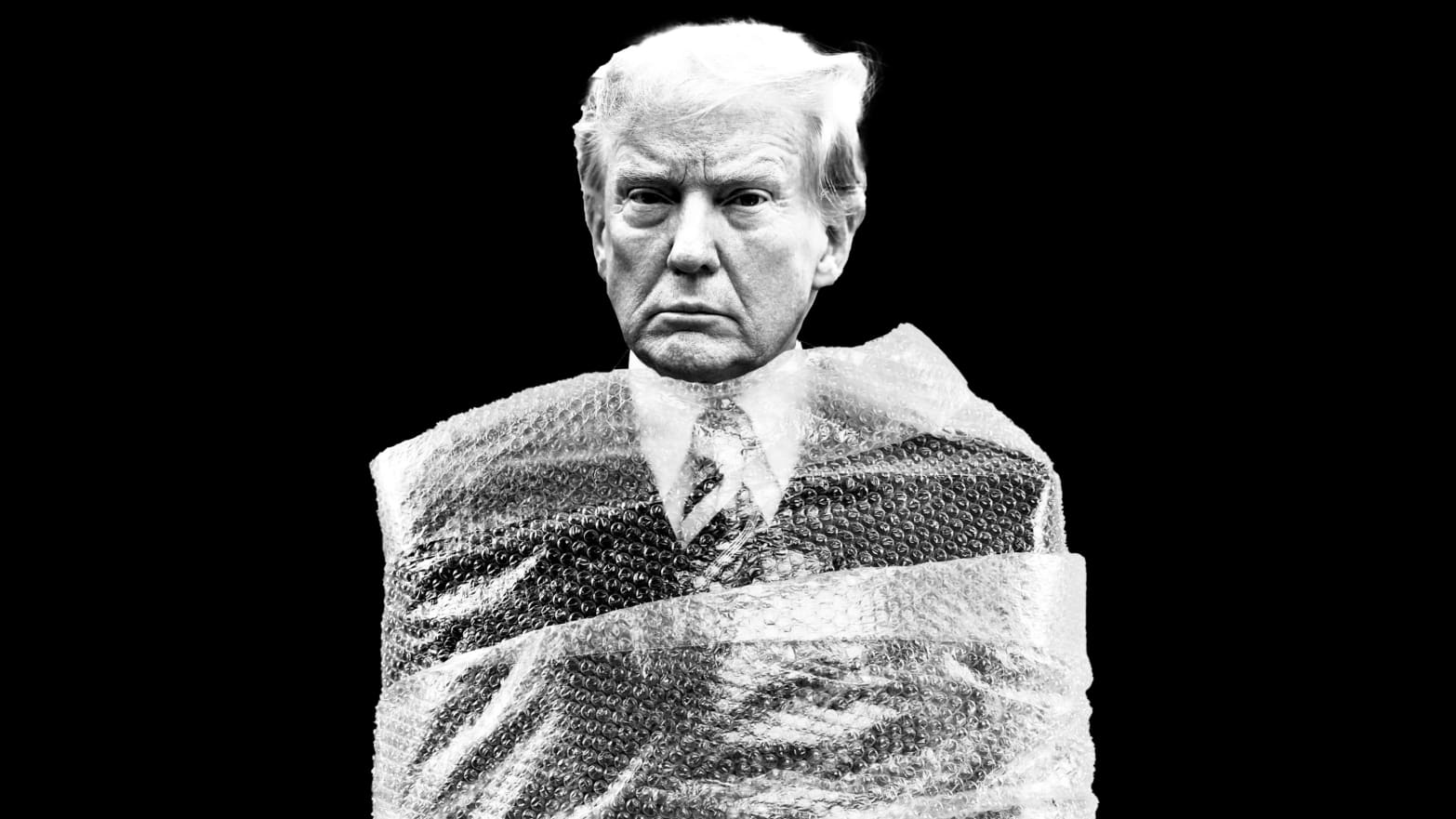 Photo illustration of Donald Trump wrapped in bubble wrap on a black background