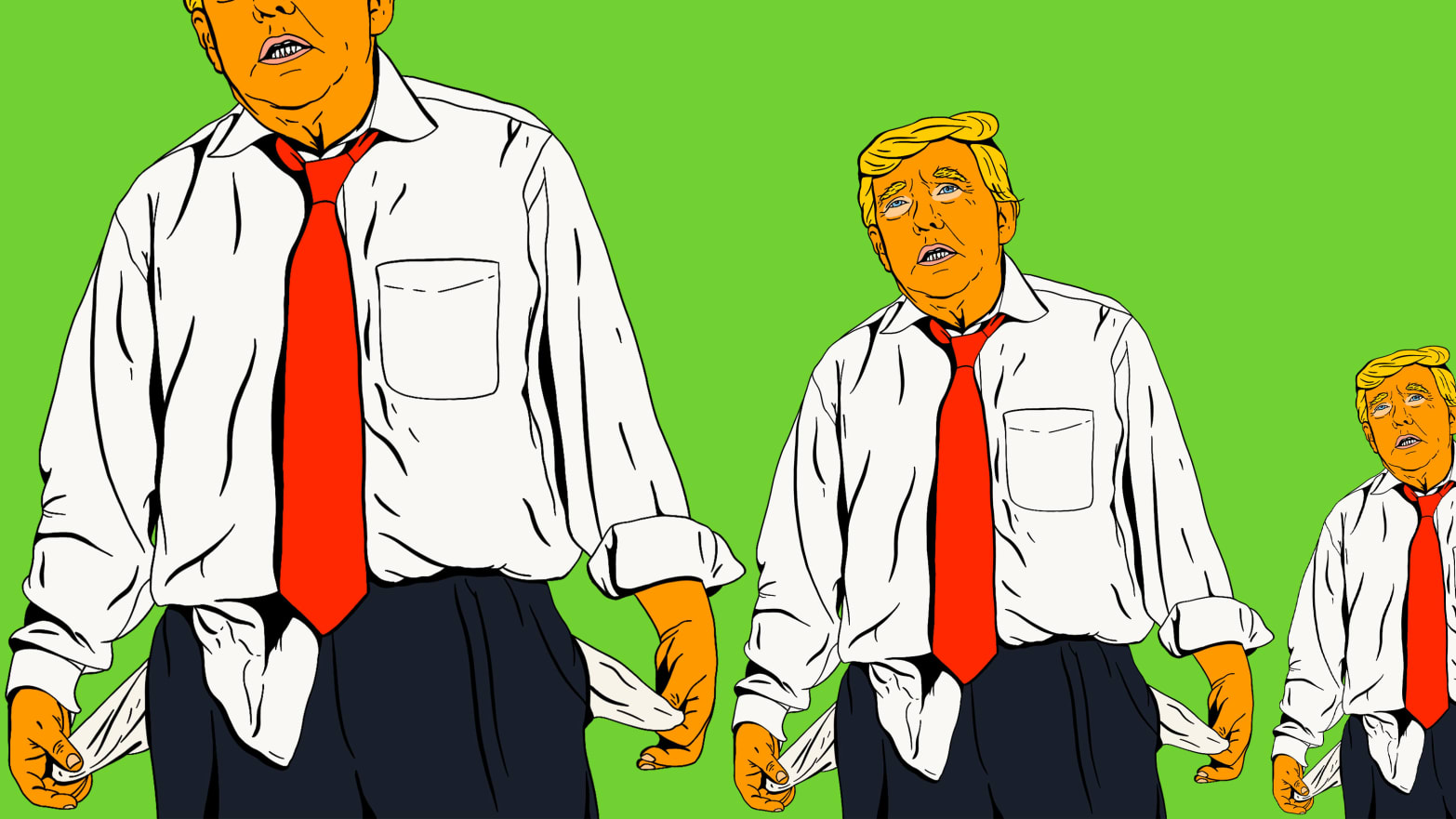 Illustration of Donald Trump with his empty pockets turned out