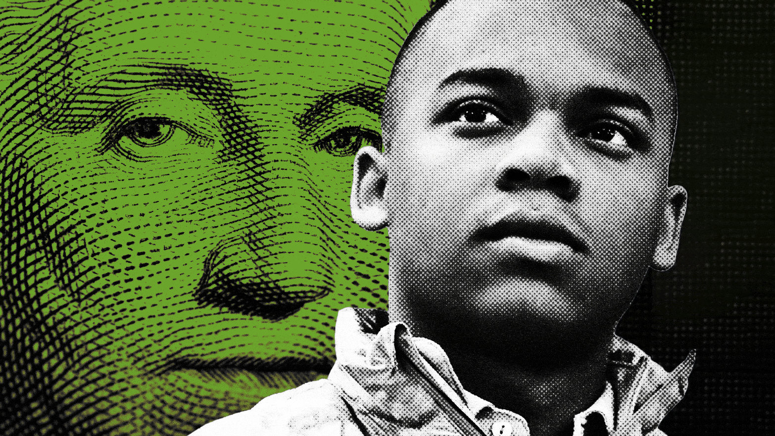 Illustration of CJ Pearson in front of image of George Washington on $1 bill.