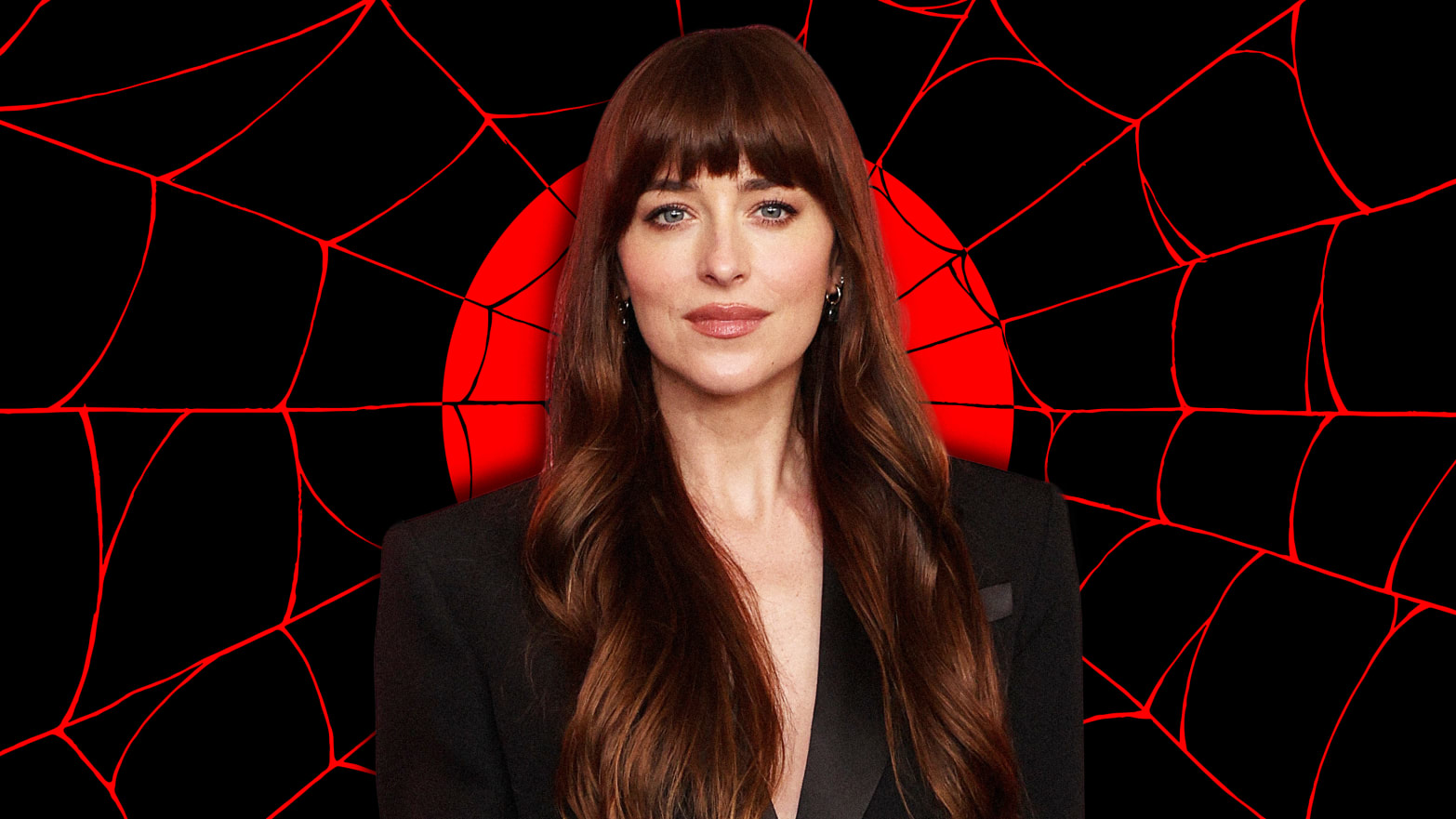 A photo illustration of Dakota Johnson and a background of spider webs.