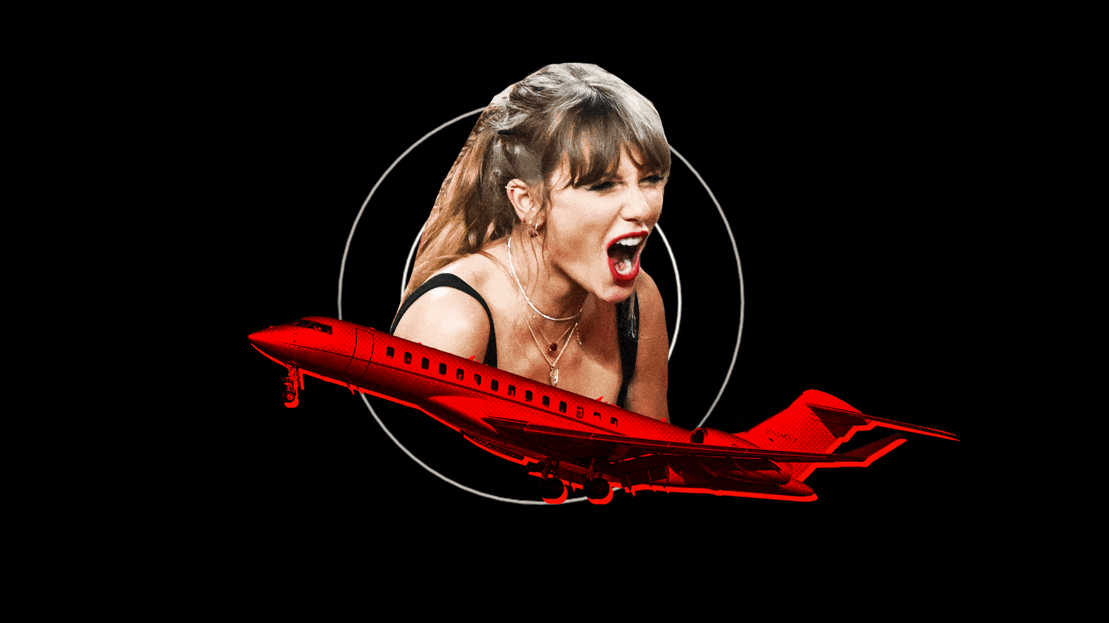 An animation of Taylor Swift, a private jet, and sound waves.