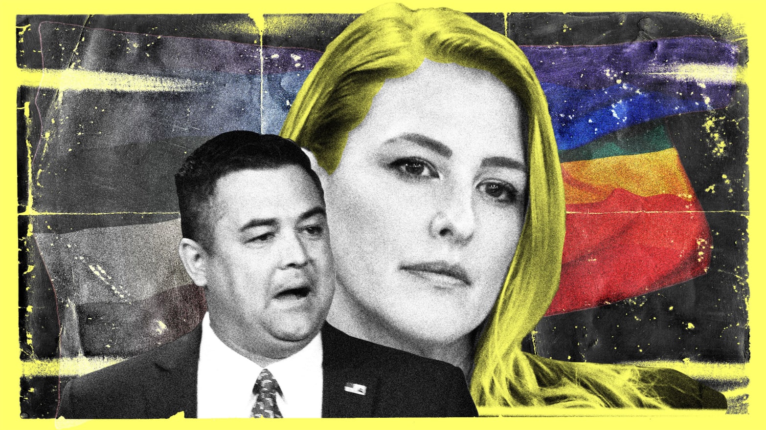 Photo illustration of Christian Ziegler and Bridget Ziegler in front of a fading LGBT flag on a black and yellow background