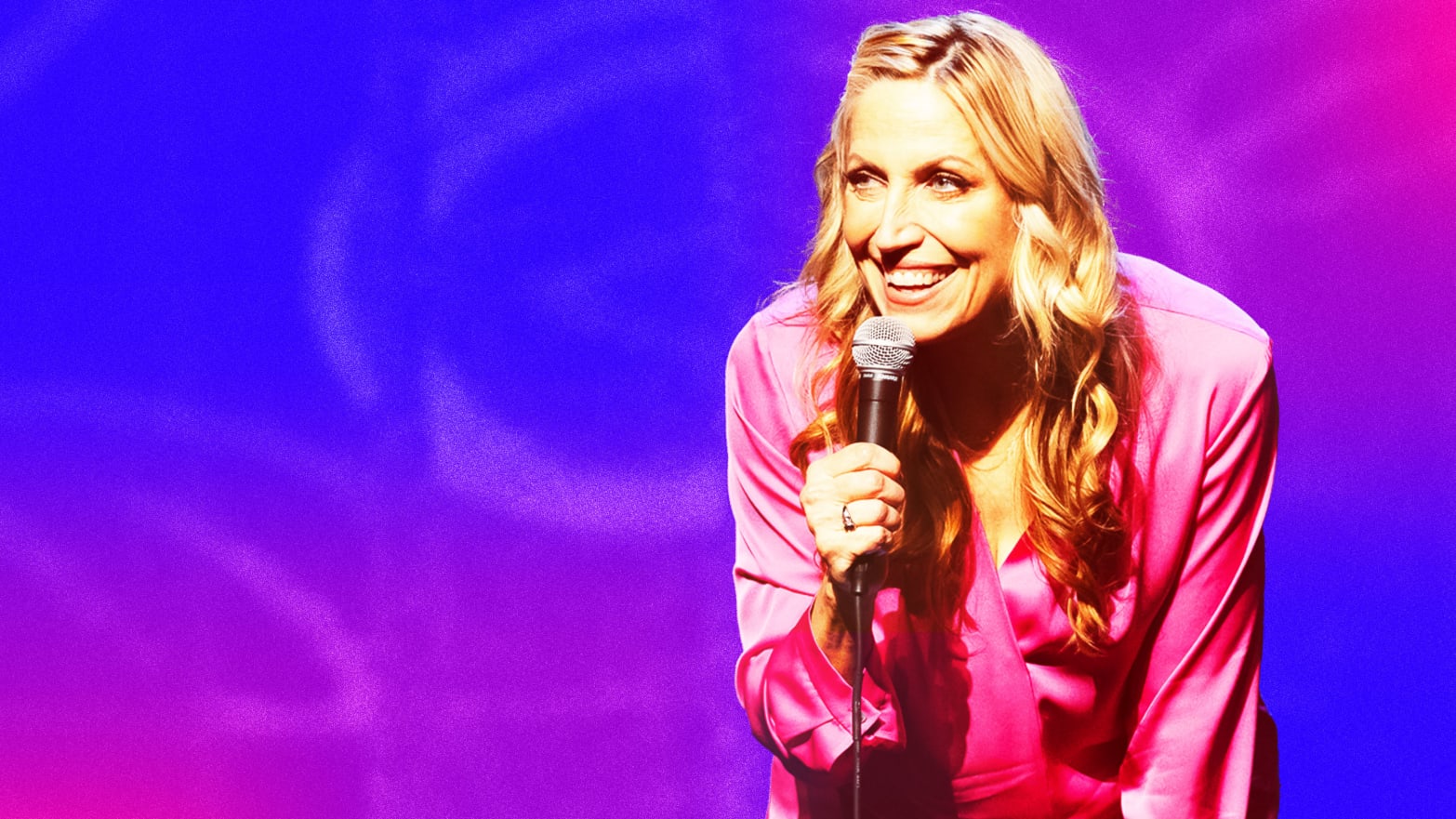 Photo illustration of Laurie Kilmartin on a blue and pink background