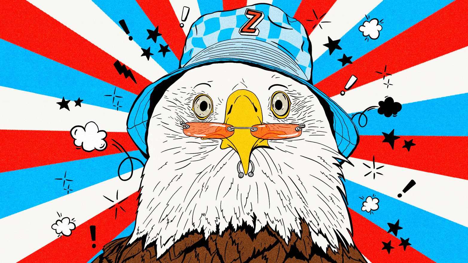 Illustrative gif of a bald eagle wearing a checker blue bucket hat, rose tinted sunglasses, a nose ring, on a spinning red, white, and blue background with doodles on top