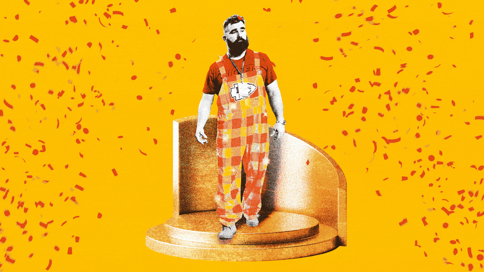 Photo illustrative gif of Jason Kelce on a podium with red confetti