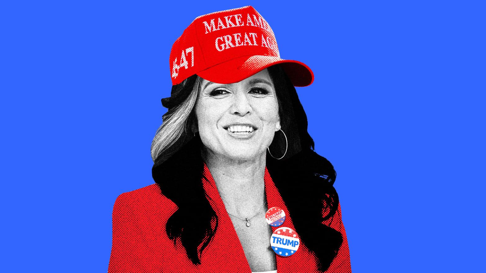 A photo illustration of Tulsi Gabbard wearing a MAGA hat and pro-Trump buttons on her lapel