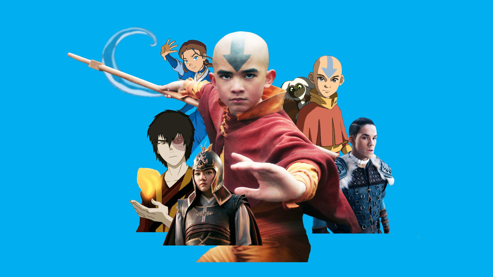 A photo collage of characters from the cartoon and new version of Avatar: The Last Airbender
