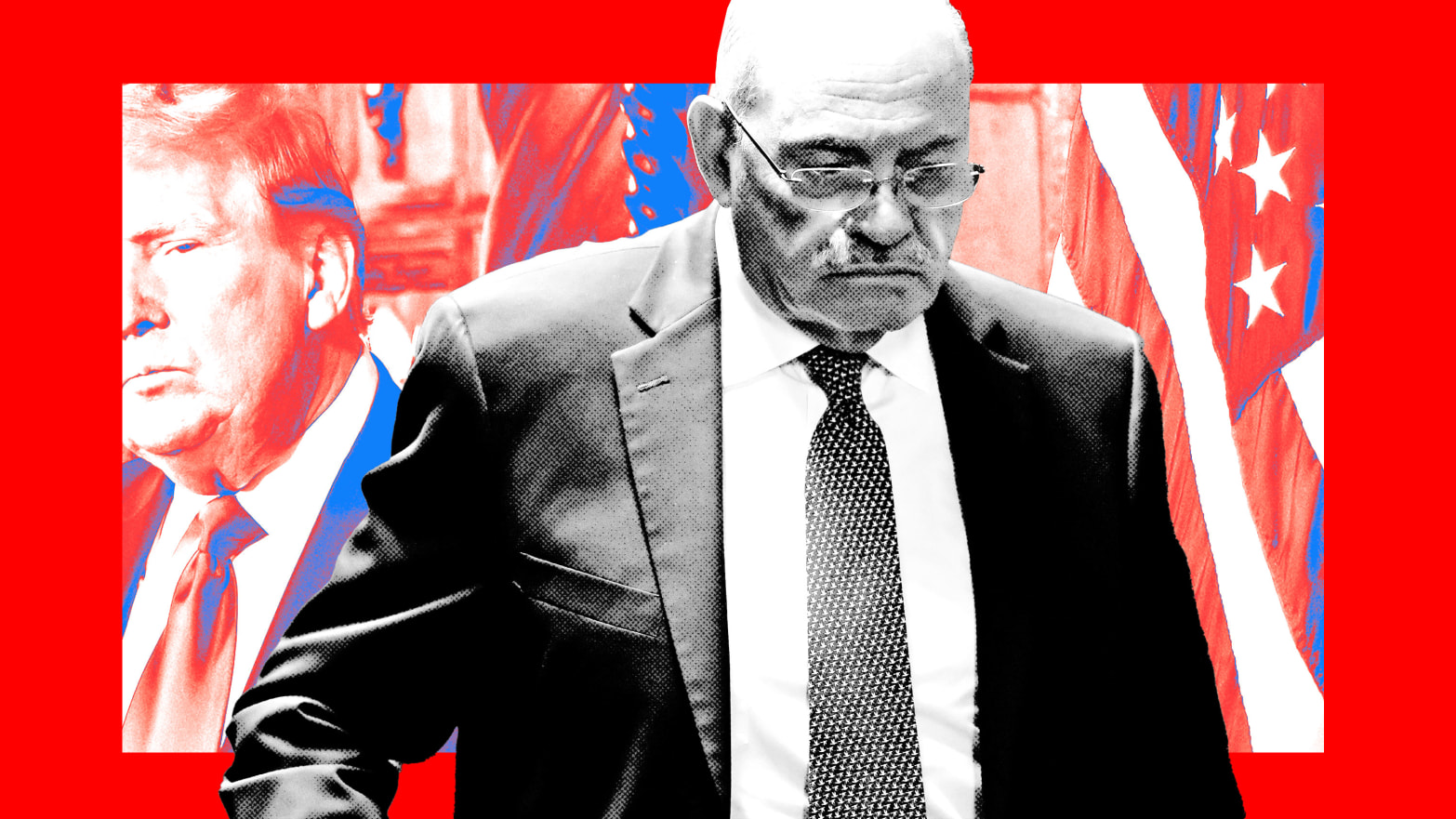 A photo illustration of Allen Weisselberg with Donald Trump lurking in the background.