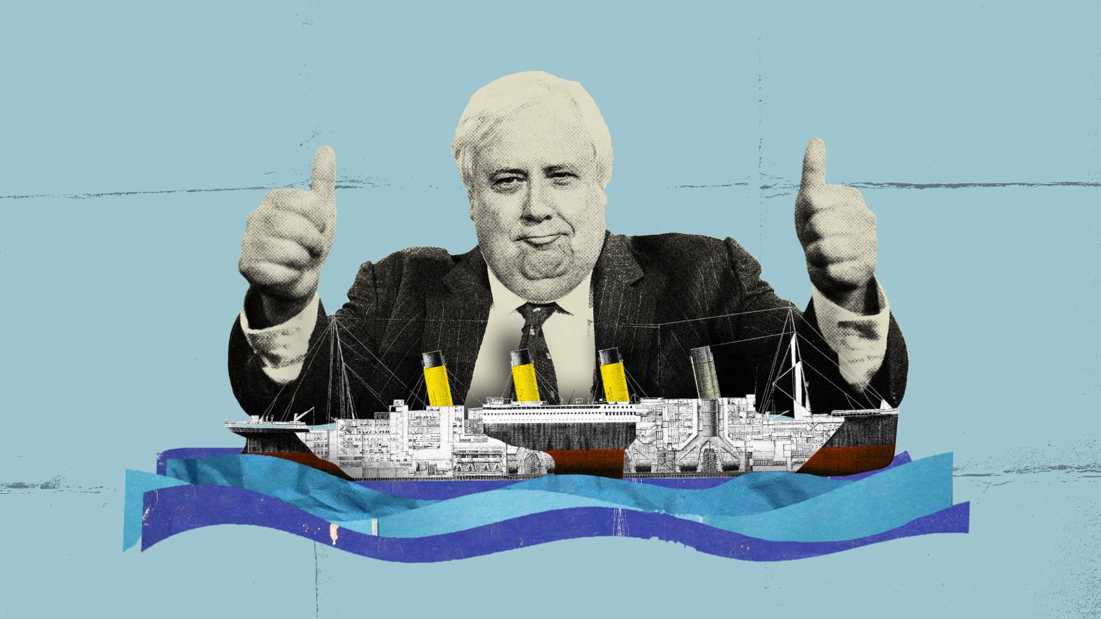 Photo illustration of Clive Palmer with the Titanic in front