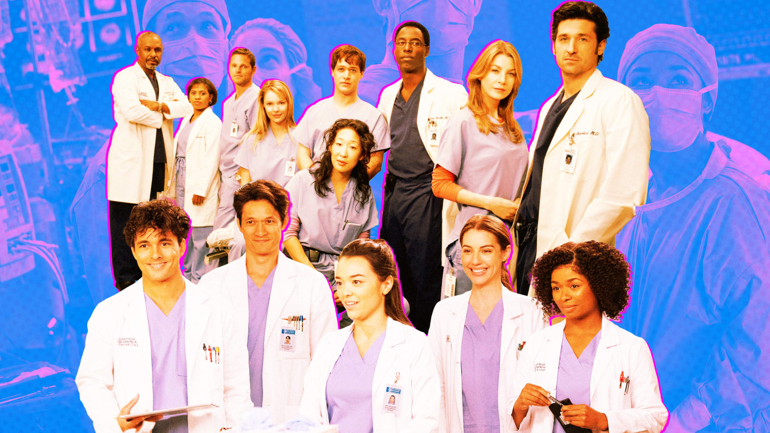 A photo illustration of the first season cast of Grey’s Anatomy, and the newest cast, Niko Terho, Harry Shum Jr., Midori Francis, Adelaide Kane, and Alexis Floyd.
