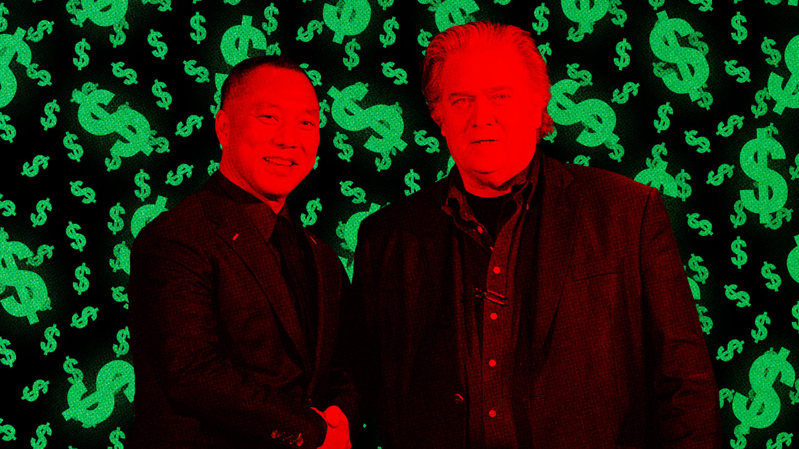 A photo illustration of Chinese mogul Guo Wengui and Steve Bannon and dollar signs.