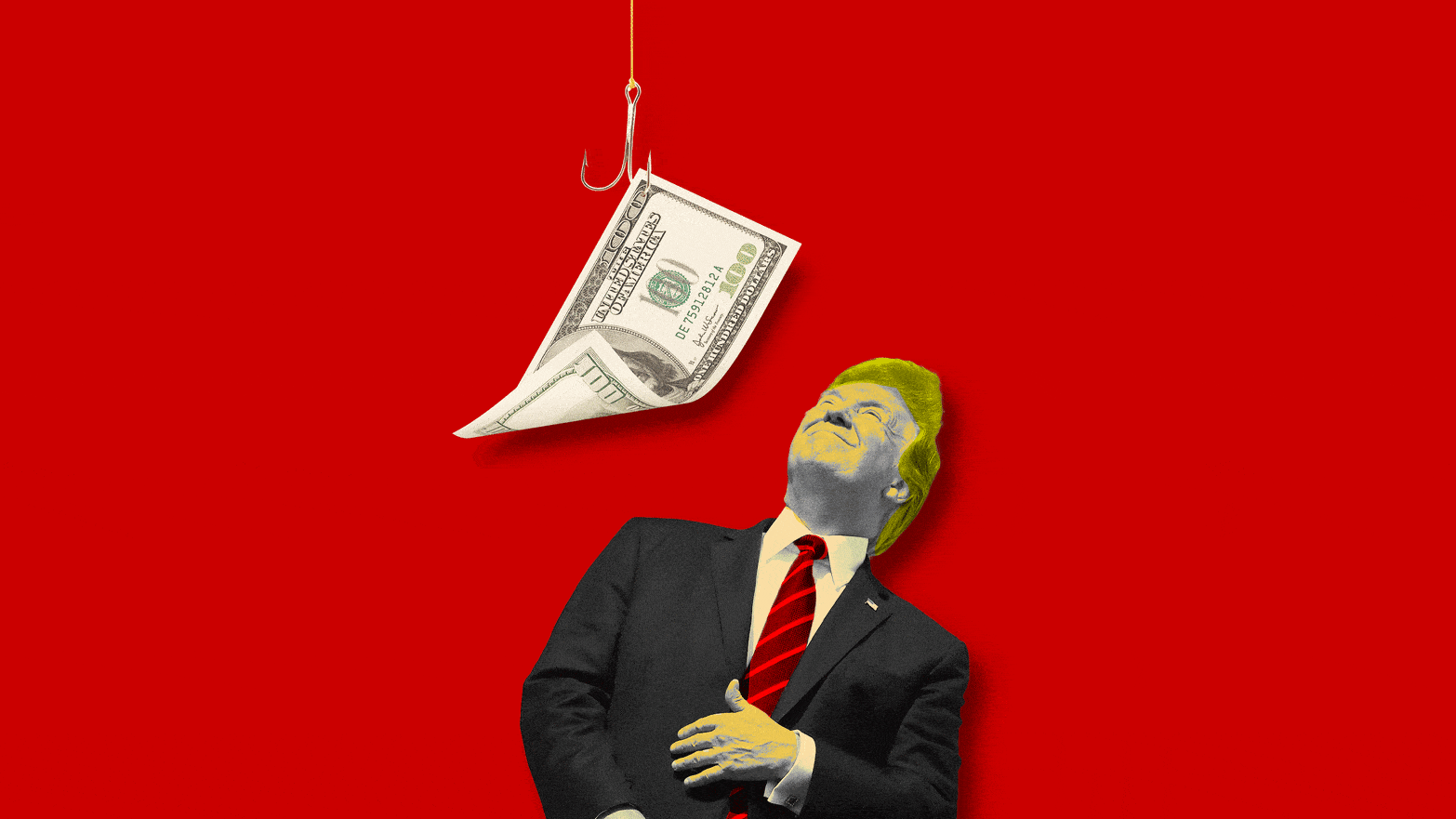 A photo illustration of a hundred dollar bill on a fish hook and Donald Trump.