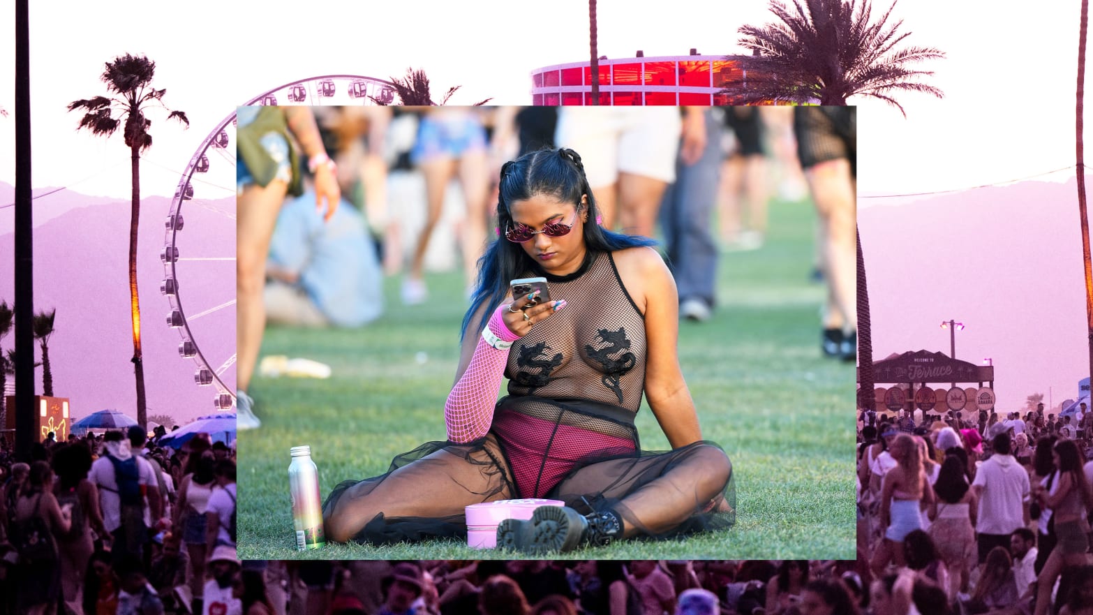 A photo illustration of a woman at Coachella sitting on the ground looking at her phone