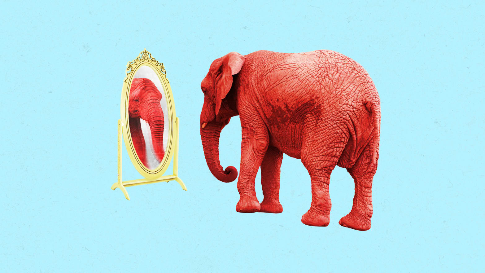 A photo illustration of a red elephant looking into a mirror.