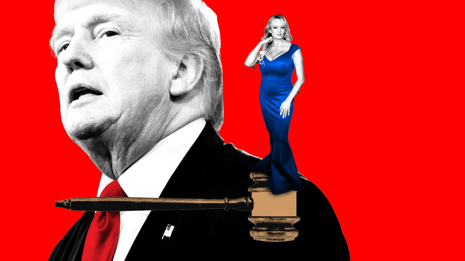 A photo illustration of Donald Trump behind Stormy Daniels standing on a gavel