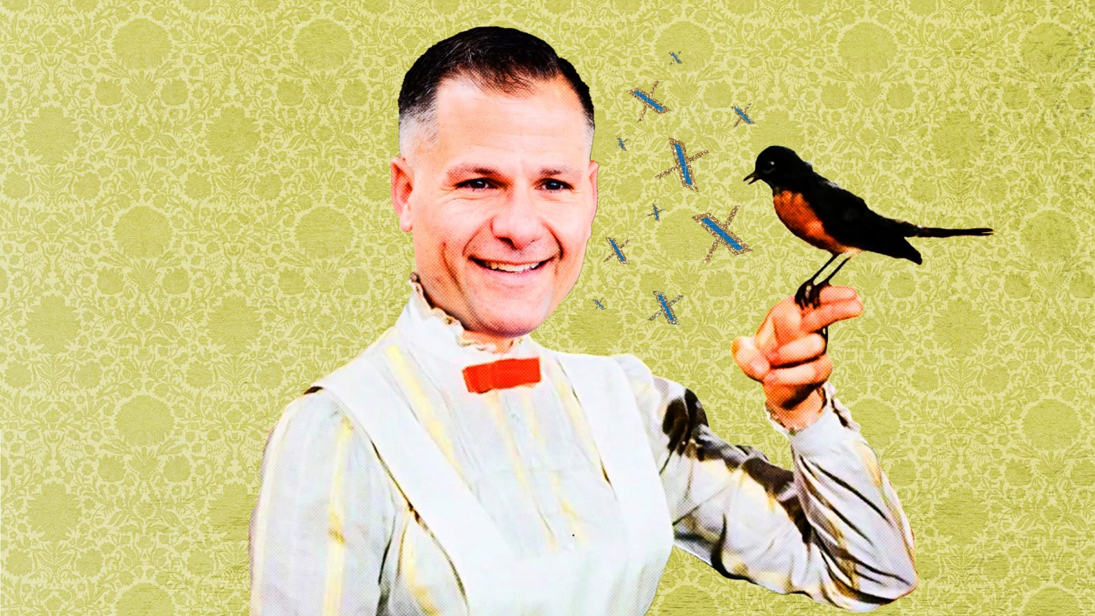 Photo illustration o Marc Molinaro's head on Mary Poppins' body holding a bird tweeting X symbols