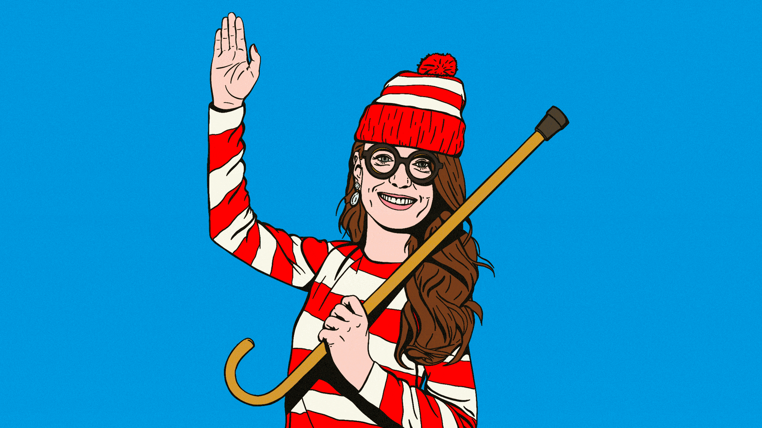 Illustration of Kate Middleton as Where’s Waldo waving her hand