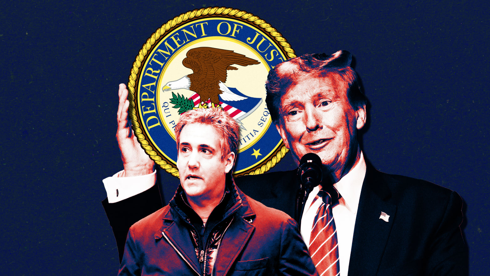 A photo illustration of Michael Cohen, Donald Trump, and the DOJ seal.