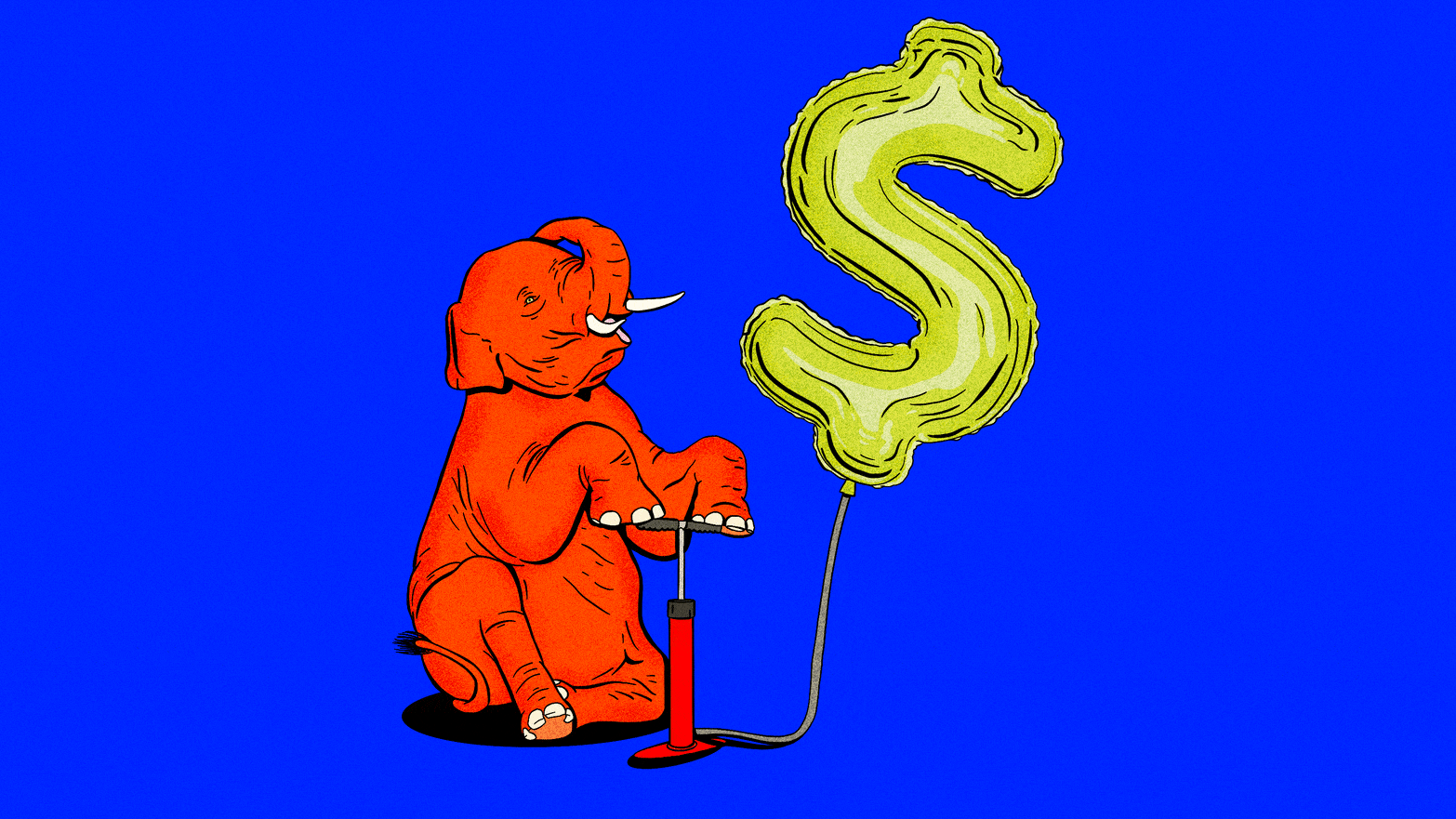 Illustration of a red elephant inflating a mylar green dollar sign balloon.
