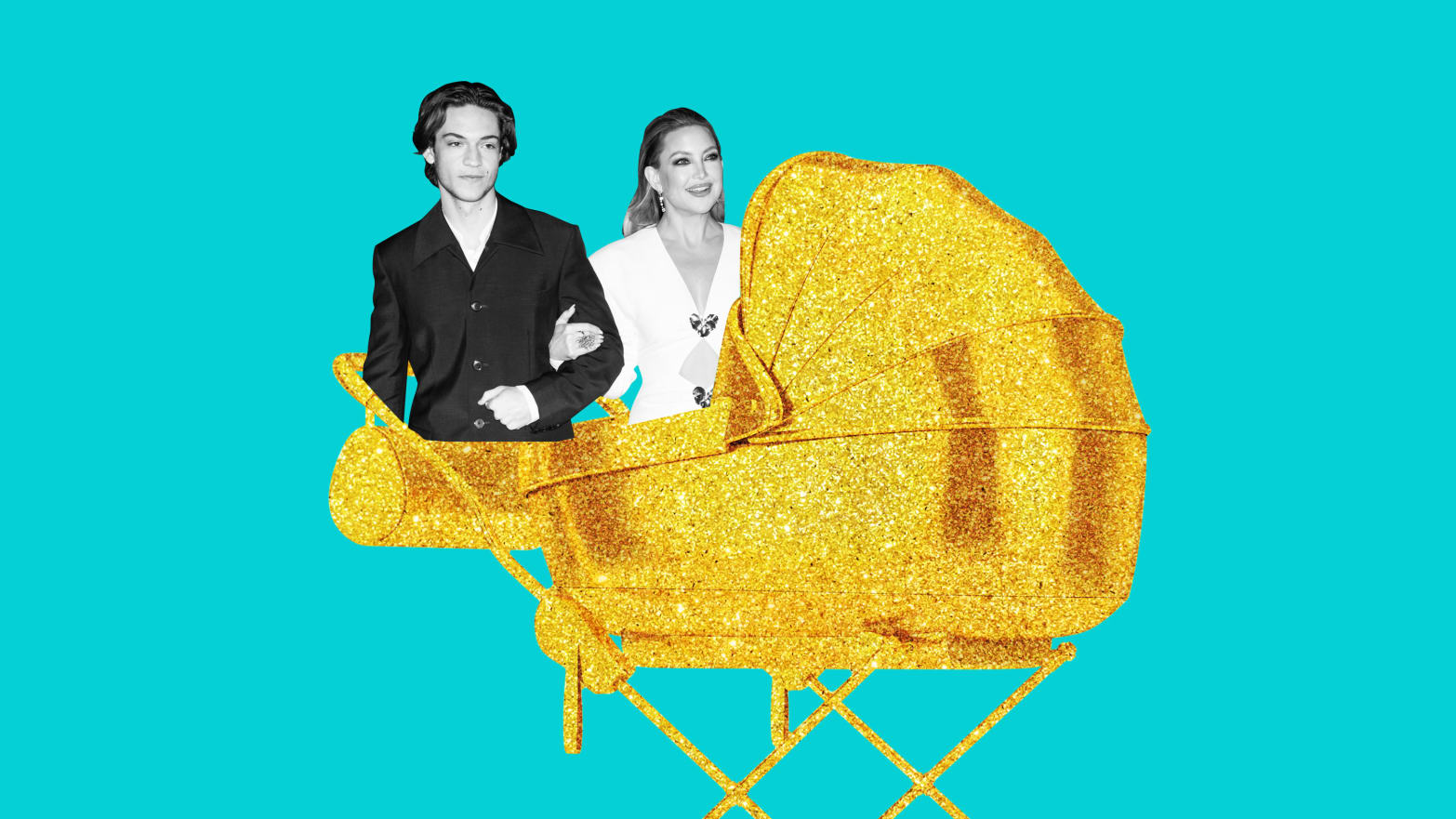 A photo illustration showing Kate Hudson and her son Ryder Robinson, in a Nepo Baby carriage.