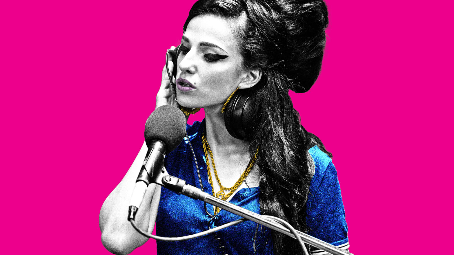 A photo illustration of Marisa Abela as Amy Winehouse