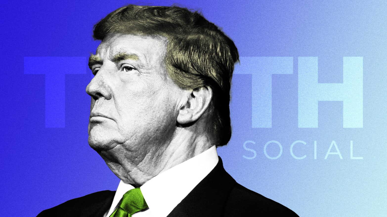 An illustration including former U.S. President Donald Trump and the Truth Social logo 