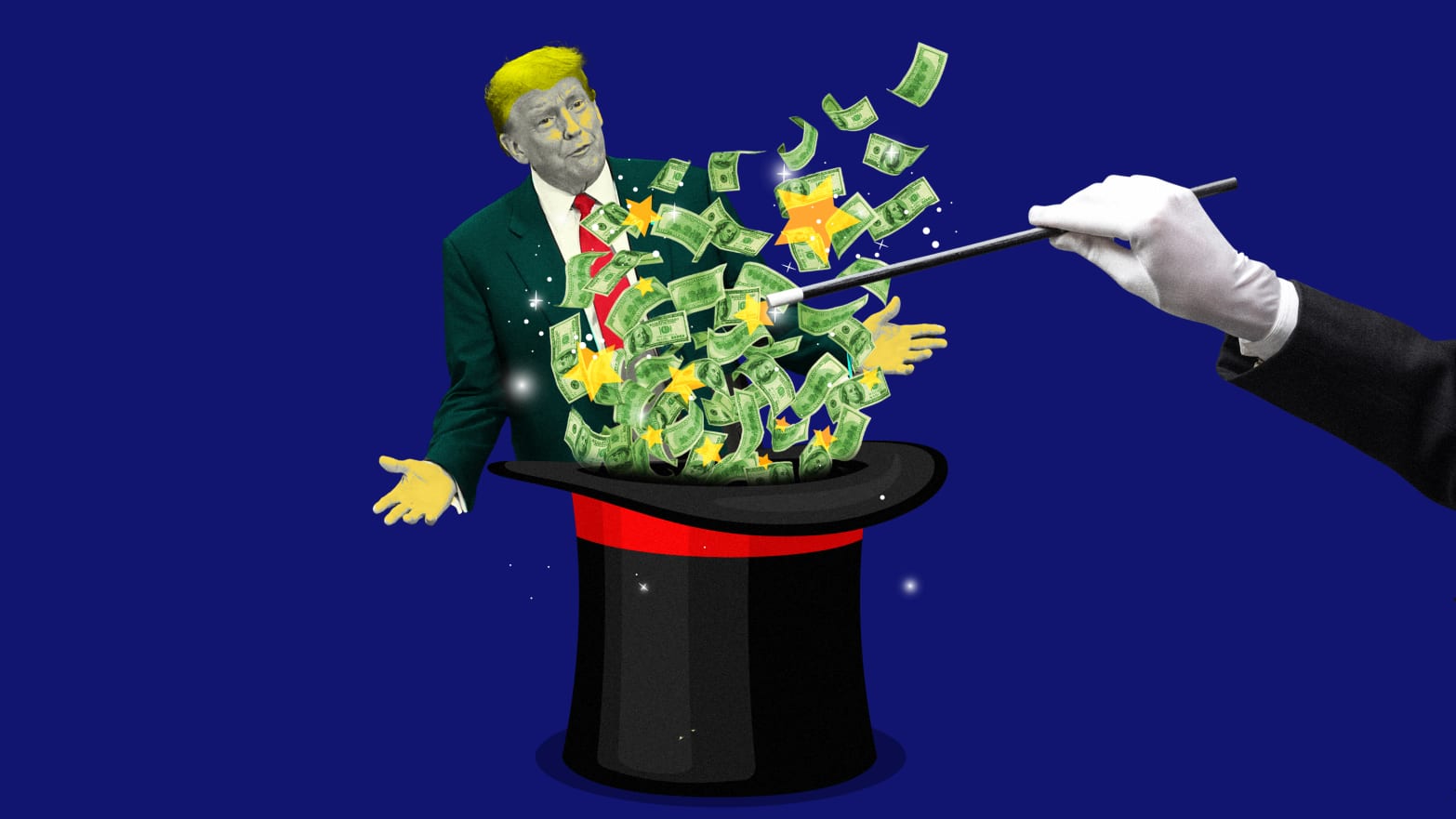 A photo illustration of former President Donald Trump and a magician casting money out of a hat.