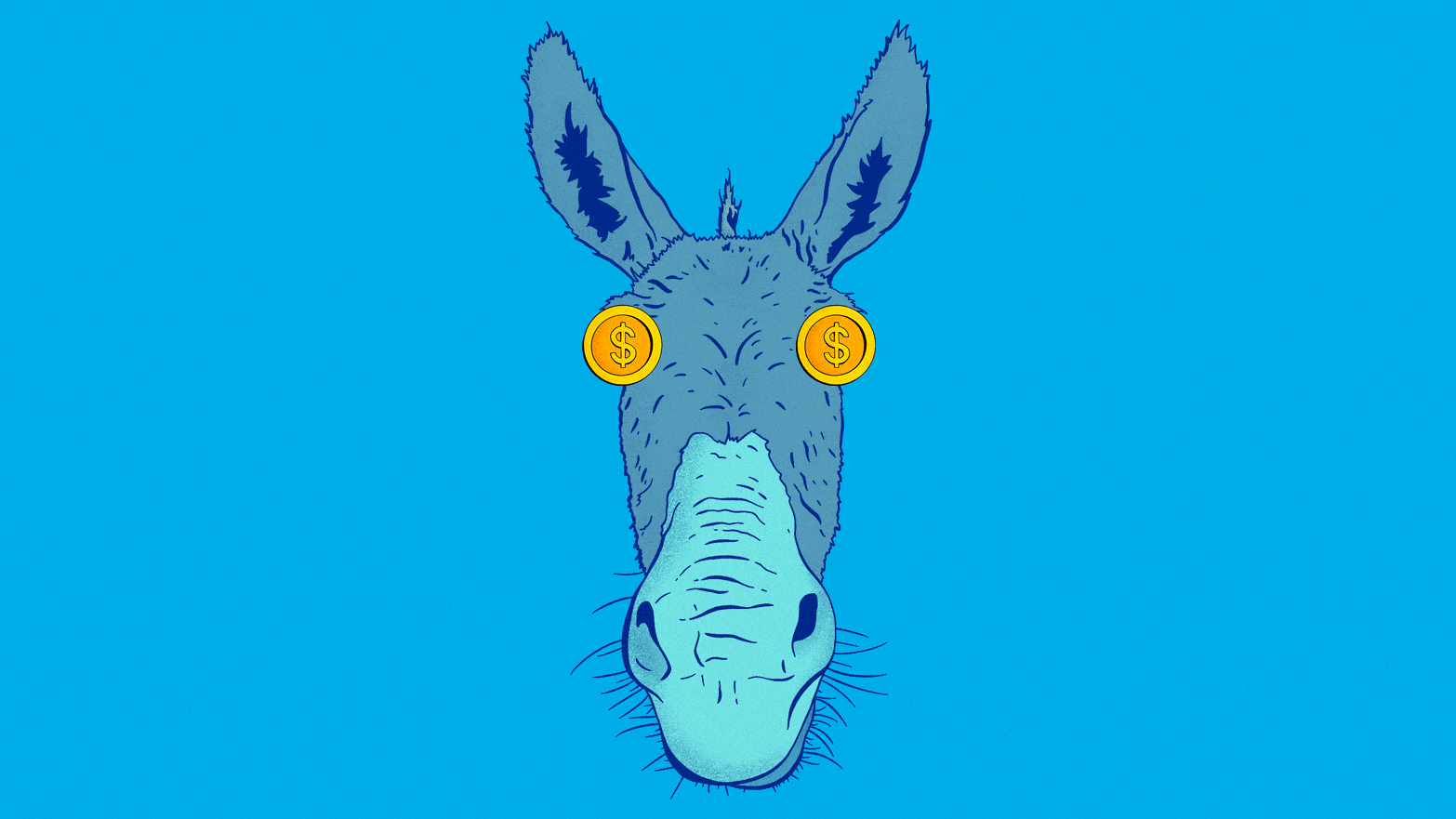 Illustrative gif of a blue donkey with gold coins rotating on the eyes on a blue background.