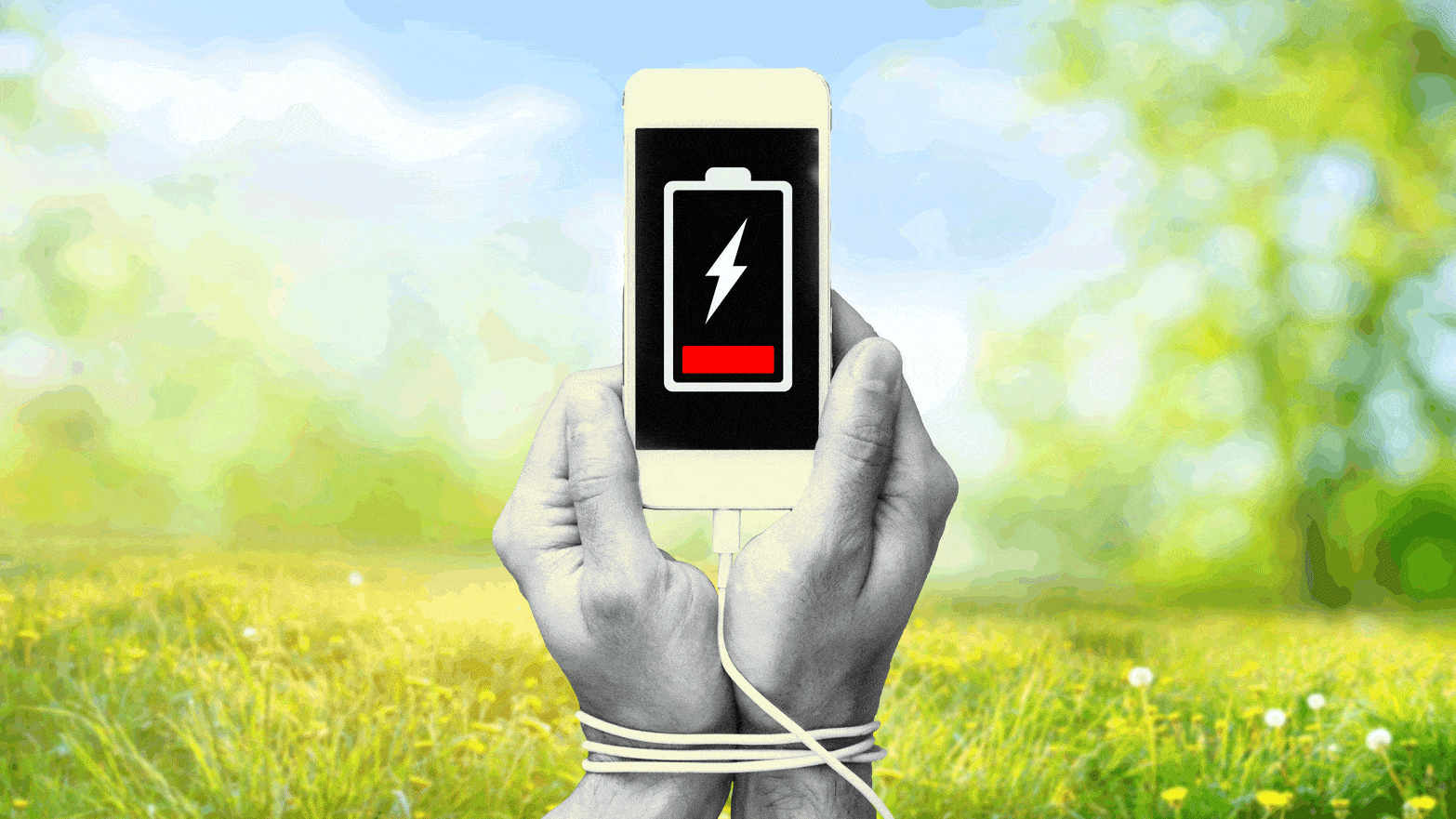 A photo illustration of a person holding a smartphone with a dead battery.