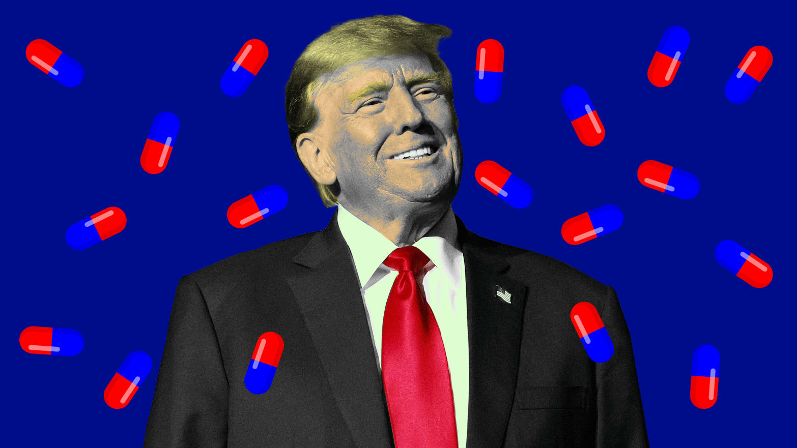 A photo illustration of Donald Trump and red and blue pills.