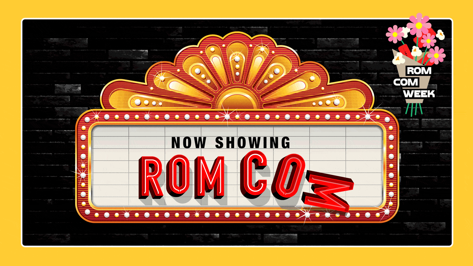 A photo illustration of a theater marquee with the words “Now showing Rom Com” on it with the “Com” part falling off