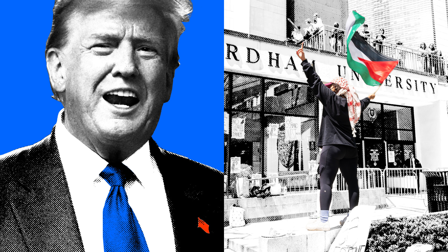 A photo illustration of a diptych of Donald Trump smiling and student protestors