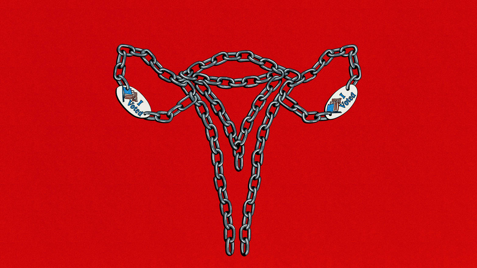 Illustration of a uterus made out of chains with "I voted" stickers