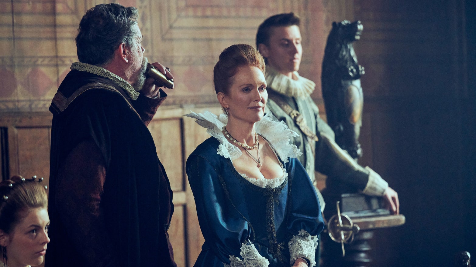 A photo including Sean Gilder, Julianne Moore, and Jacob McCarthy in the series Mary & George on Starz 