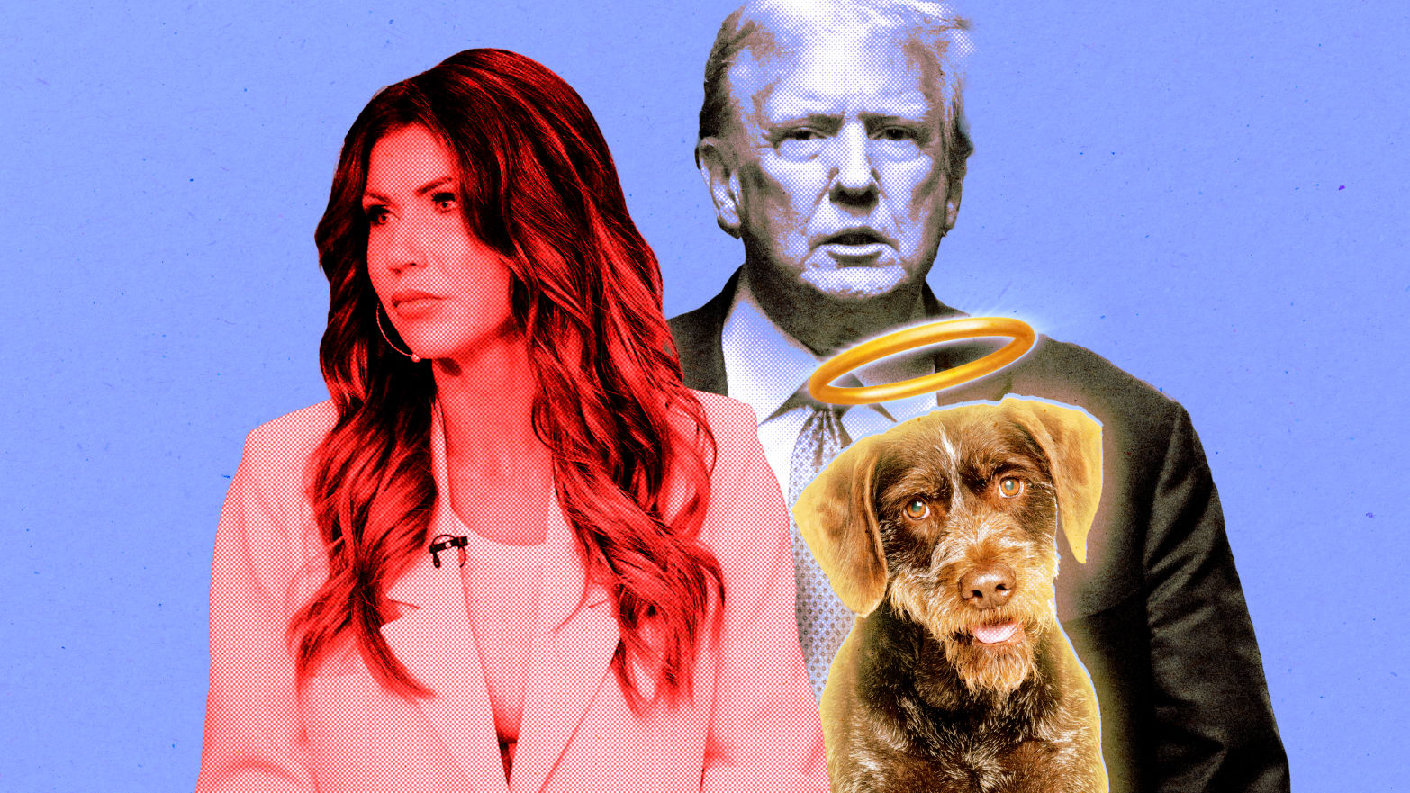 A photo illustration of Kristi Noem, Donald Trump, and an angel dog.
