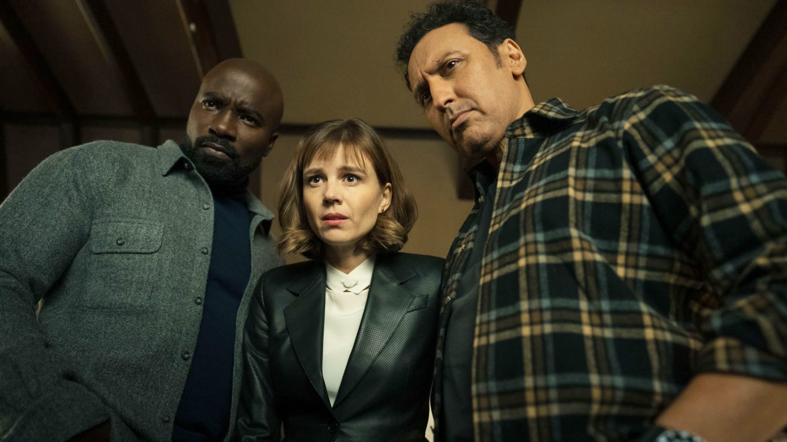 A photo still of Mike Colter, Katija Herbers, and Aasif Mandvi in 'Evil'