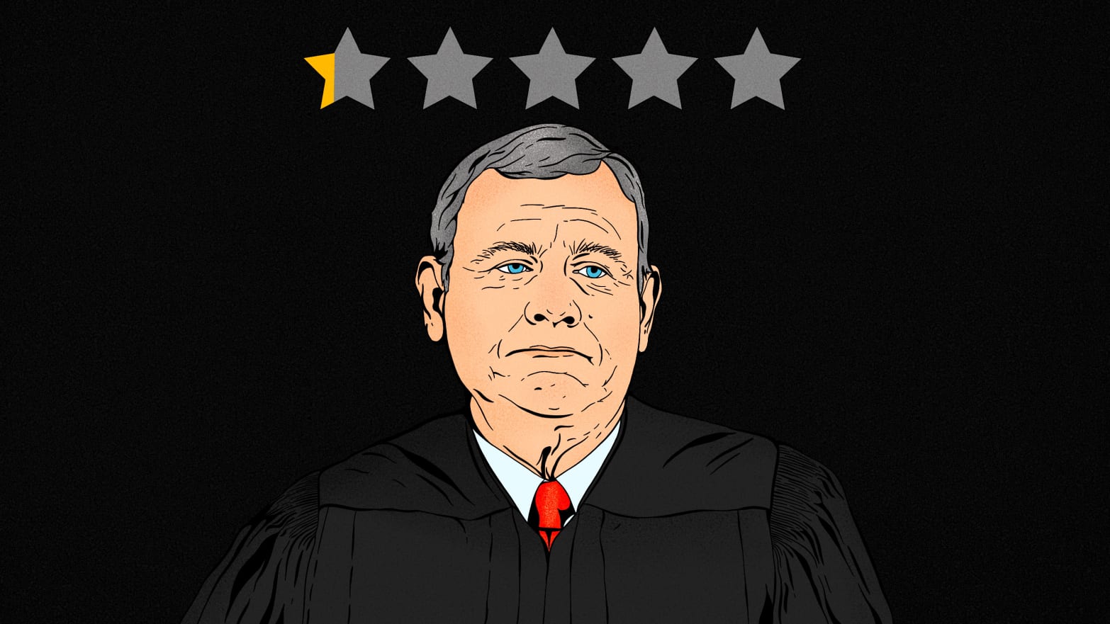 Illustration of a sad Chief Justice John Roberts with five stars above his head with only a little bit of one filled in