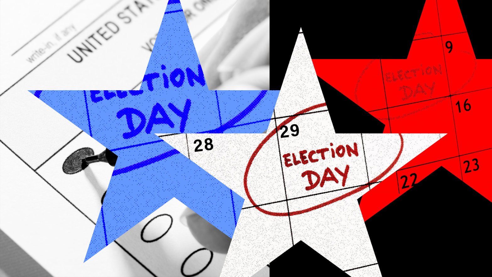 A photo illustration of a calendar with the words "election day" on them inside stars. 