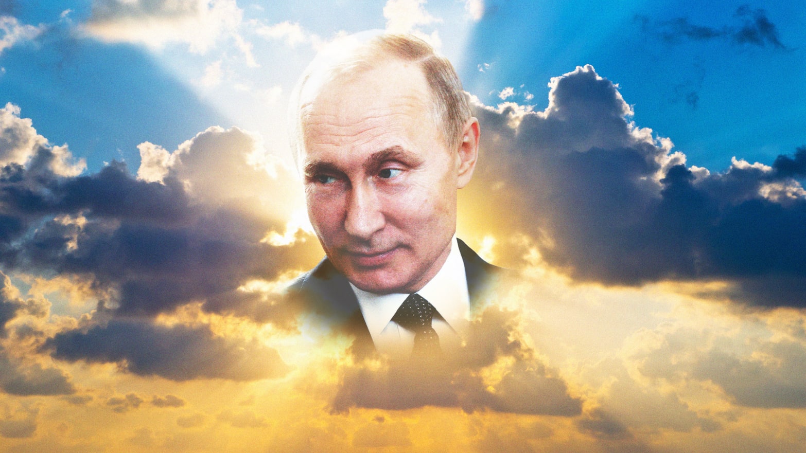 An illustration including Putin in Clouds during sunrise 