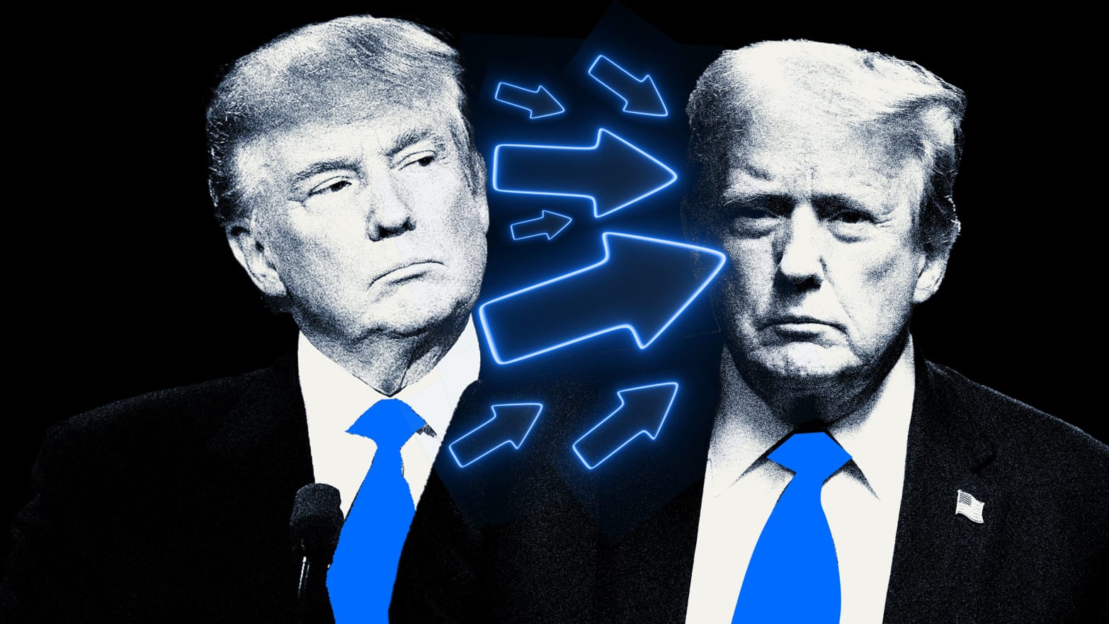Photo illustration of Donald Trump in 2016 and 2024 with a blue tie on a black background with blue arrows on top