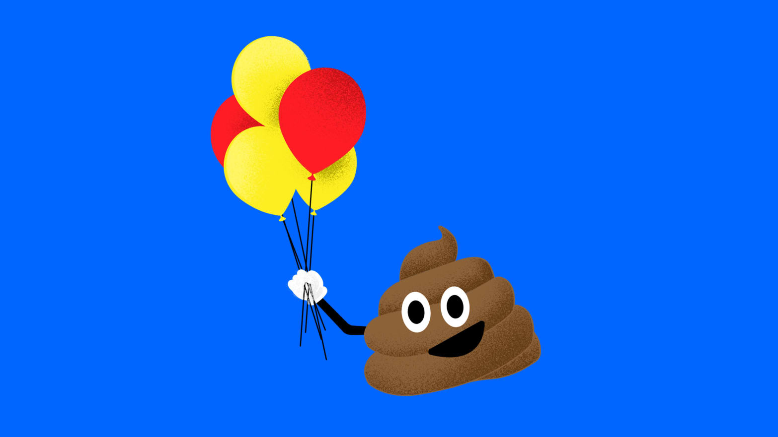 An illustration of a poop emoji holding balloons