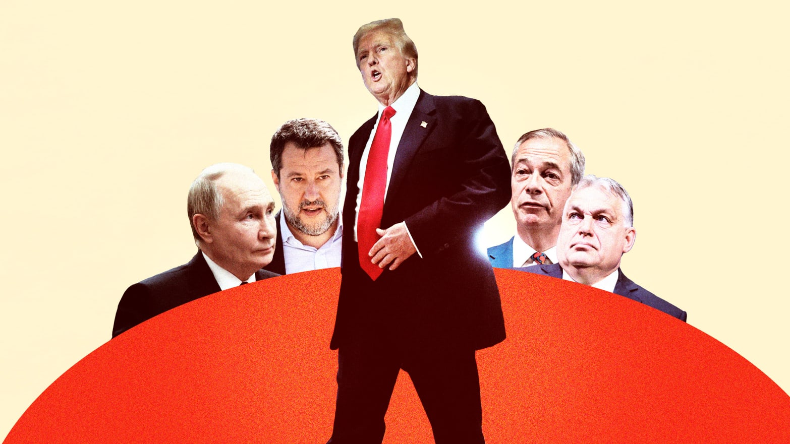 A photo illustration showing Donald Trump, Vladimir Putin, Matteo Salvini, Viktor Orban and Nigel Farage.