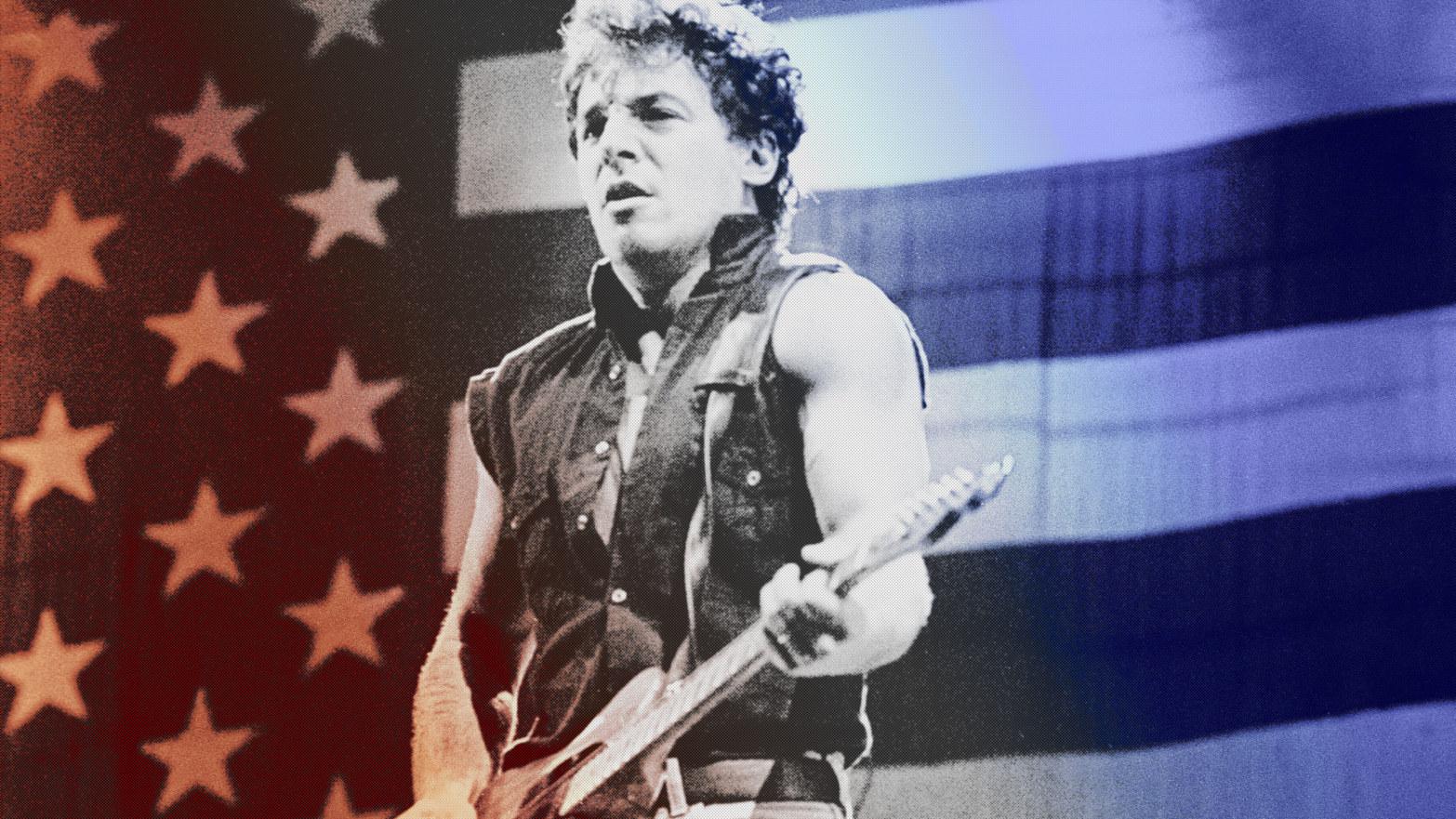 A photo illustration showing Bruce Springsteen performing circa 1985.