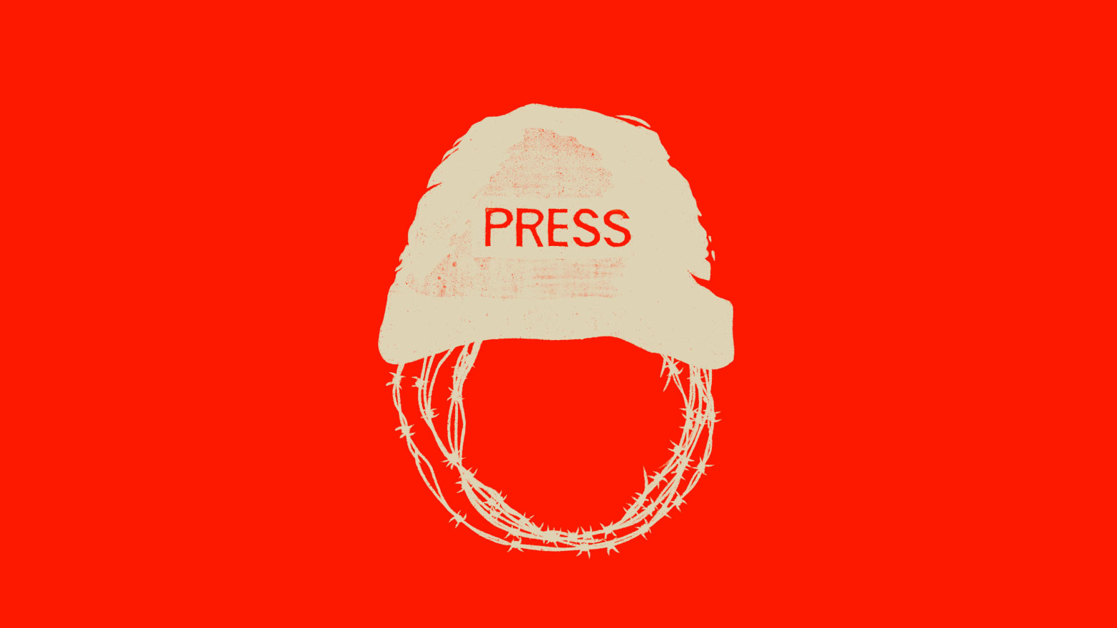 Press helmet with barbed wire as the chin strap on a red background